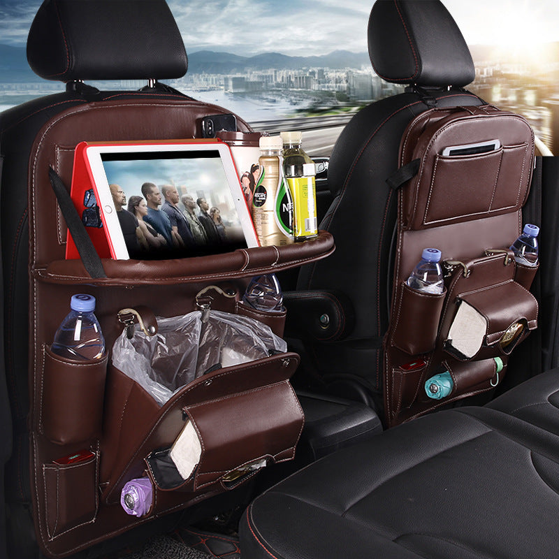 Motors Fixer PU Leather Car Storage Bag – Multifunction Back Seat Organizer with Tray, Trash Bin & Pockets