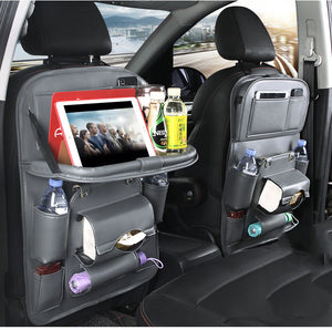 Motors Fixer PU Leather Car Storage Bag – Multifunction Back Seat Organizer with Tray, Trash Bin & Pockets