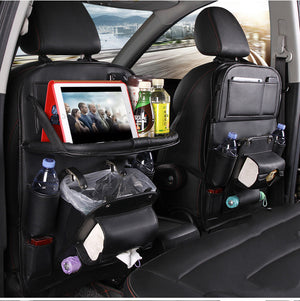 Motors Fixer PU Leather Car Storage Bag – Multifunction Back Seat Organizer with Tray, Trash Bin & Pockets