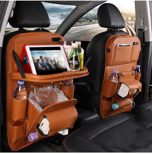Motors Fixer PU Leather Car Storage Bag – Multifunction Back Seat Organizer with Tray, Trash Bin & Pockets