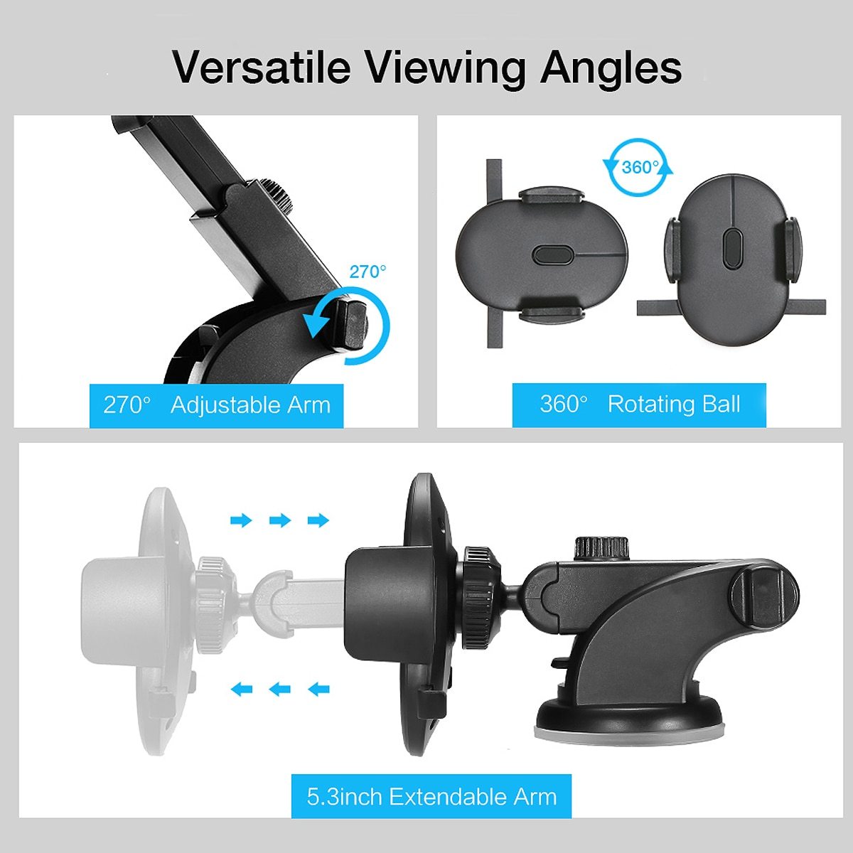 Motors Fixer Telescopic Car Phone Holder with Long Rod – 360° Rotation, Suction Cup Dashboard Mount for 3.5–7 inch Devices