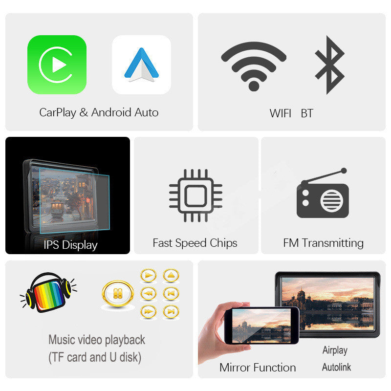 Motors Fixer 7" Car Smart Screen with Wireless Car Play & Android Auto, Touchscreen Navigation, Music, Voice Control, FM & AUX Support
