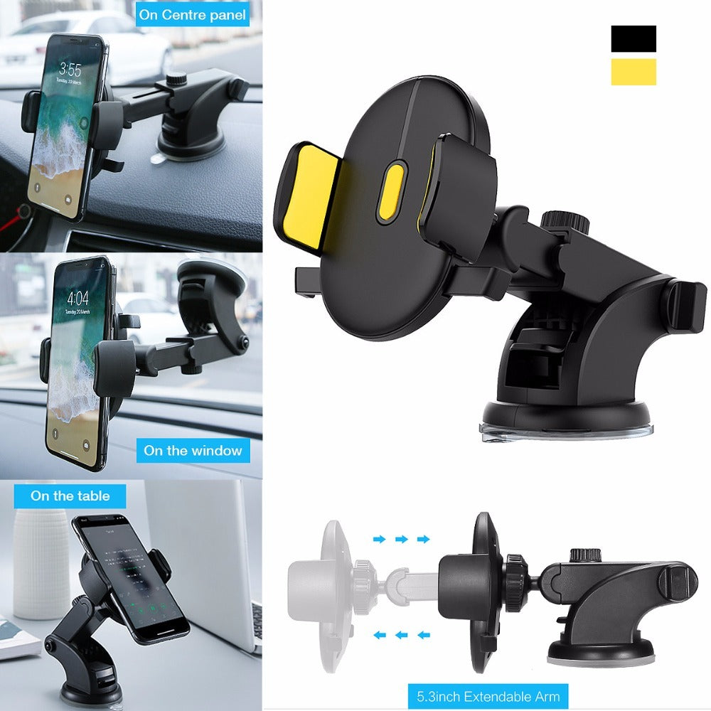 Motors Fixer Telescopic Car Phone Holder with Long Rod – 360° Rotation, Suction Cup Dashboard Mount for 3.5–7 inch Devices