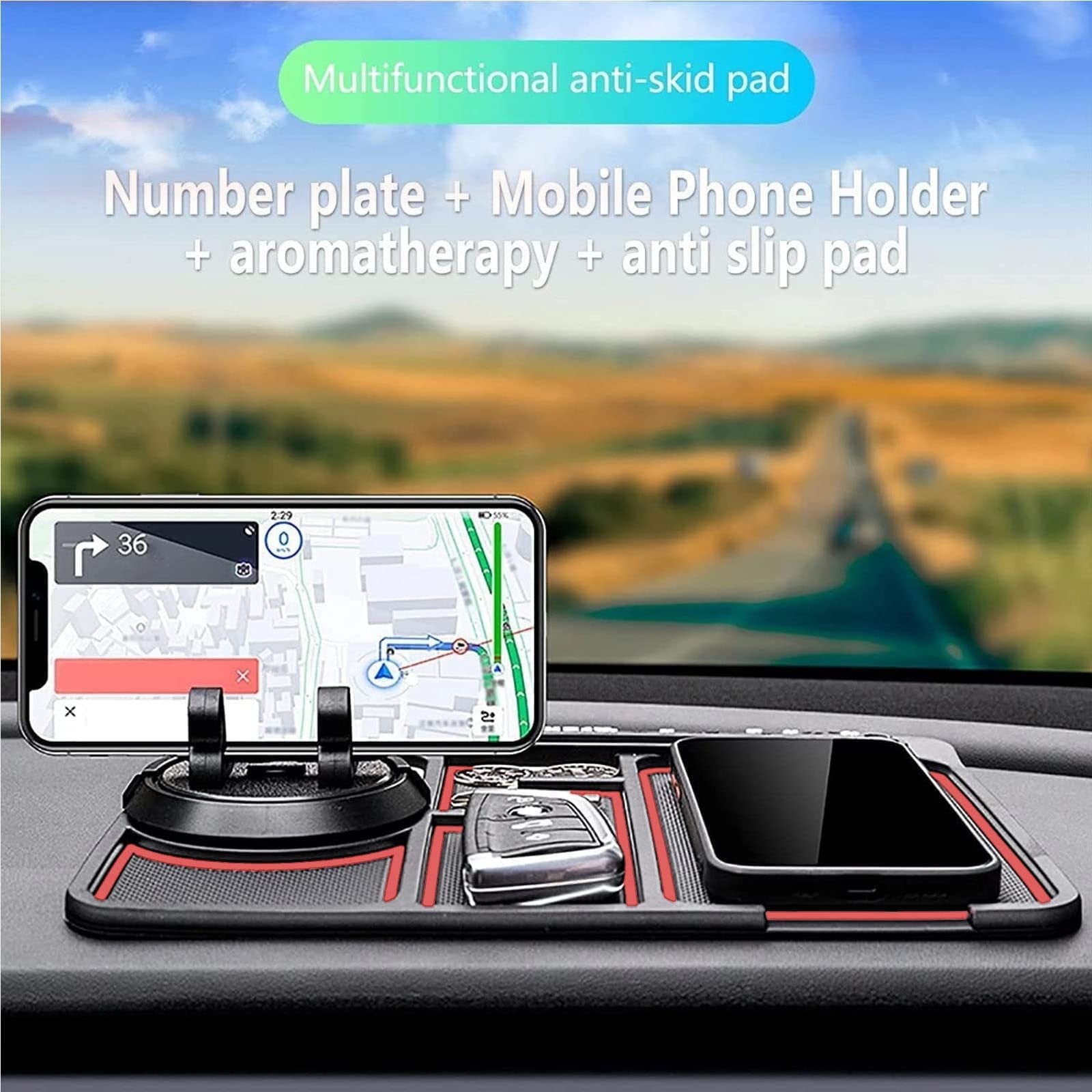 Motors Fixer 4-in-1 Non-Slip Car Phone Pad with Parking Number Card, Aromatherapy, Phone Holder & Sticky Mat – Anti-Slide Dashboard Mount